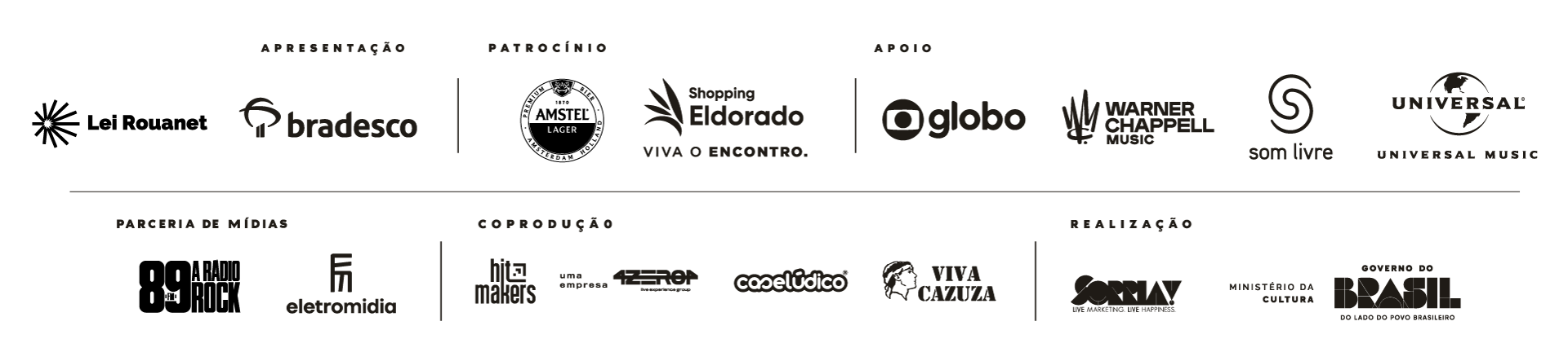 Barra com logotipos de patrocinadores e apoiadores.