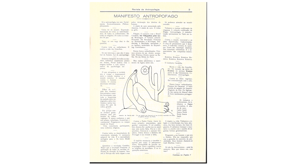 Imagem da página 3 da Revista da Antropofagia, com o texto do “Manifesto Antropófago” e uma ilustração em traços pretos da obra “O Abaporu”. 
