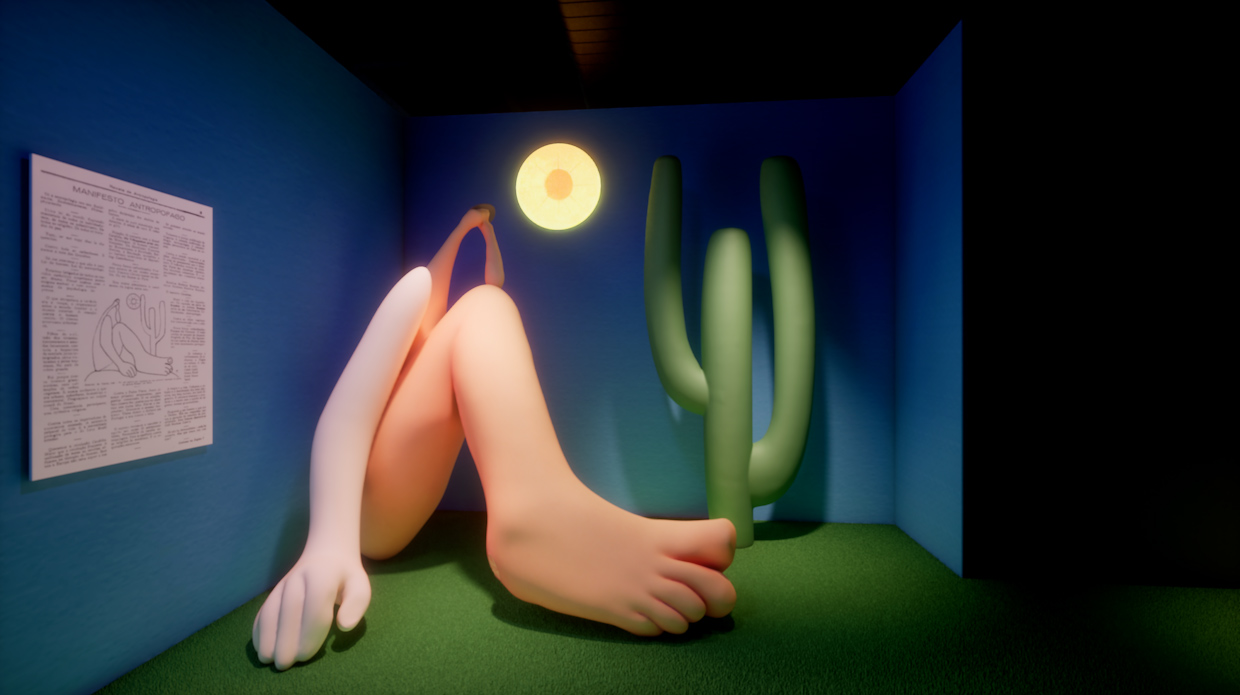 Reprodução em 3D do espaço expositivo da sala “Encontro com Abaporu”. 
