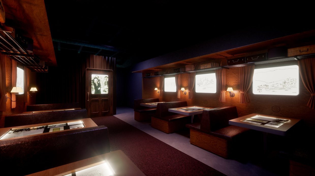 Reprodução em 3D do espaço expositivo da sala “Roteiros de viagem”. 
