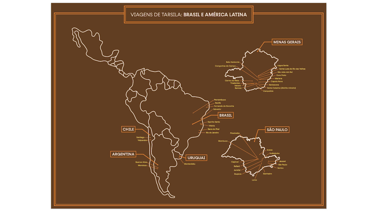 Imagem do mapa “Viagens de Tarsila: Brasil e América Latina”, que está disponível em uma versão tátil nesta sala. 
