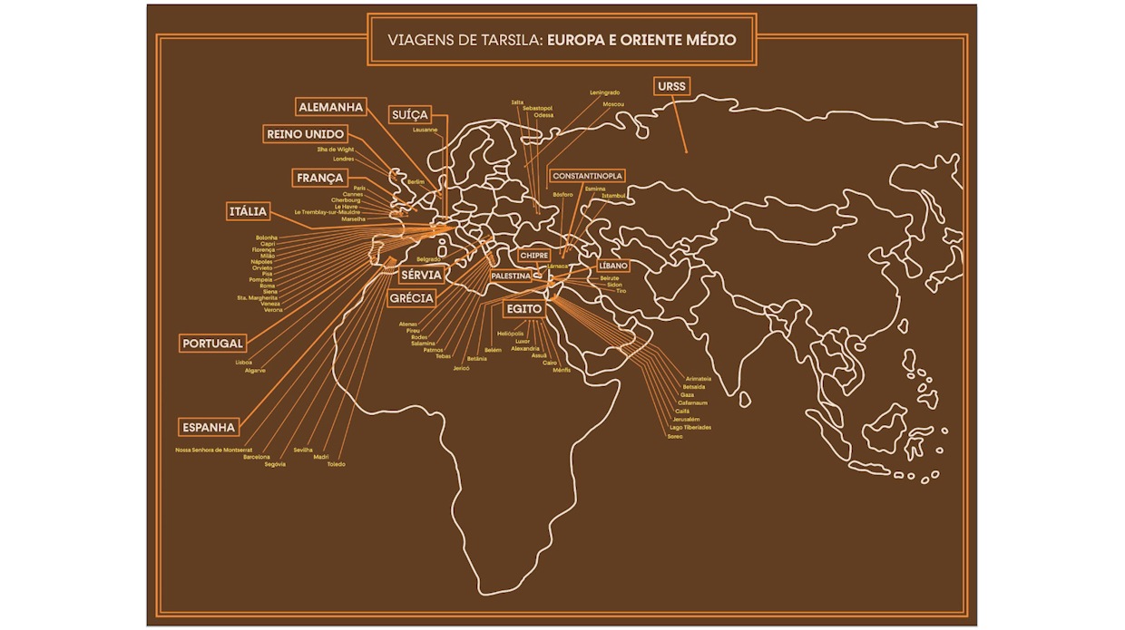 Imagem do mapa “Viagens de Tarsila: Europa e Oriente Médio”, que está disponível em uma versão tátil nesta sala. 
