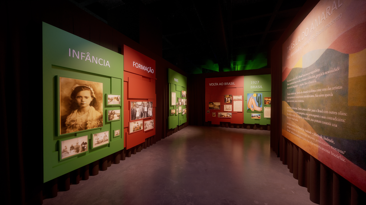 Reprodução em 3D do espaço expositivo da sala “Trajetória de uma artista”. 
