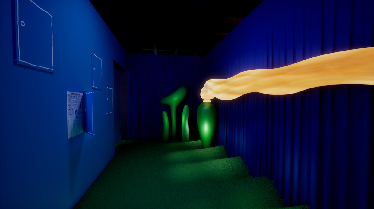 Reprodução em 3D do espaço expositivo da sala “Travessia”. 
