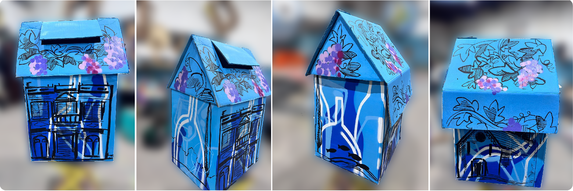 Quatro vistas diferentes do residuário azul, para papel e papelão, com pintura da Capela de Monte Alegre, feita pelo artista Diógenes Moura.