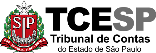 Do lado direito do brasão do Estado de São Paulo, em letras pretas e cinzas: TCESP, Tribunal de Contas do Estado de São Paulo. O brasão possui dois ramos de café nas laterais e uma estrela no topo. No escudo vermelho da parte central, uma espada com a ponta virada para cima e as letras “S” e “P”.